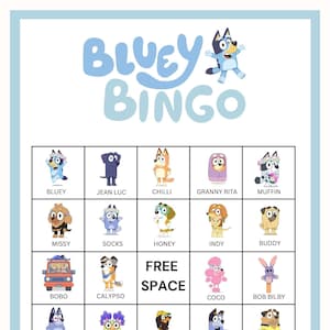Bluey Bingo-Spiel für Kinder | 20 Bingokarten | Bluey und Bingo Bingo Spiel | Bluey TV-Serie | Bluey Gesellschaftsspiel | Bluey Kinderspiel | Herunterladen