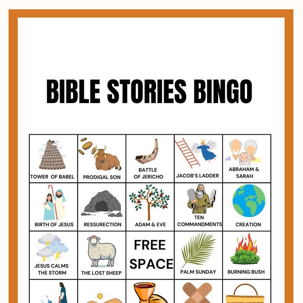 Bijbelbingo, Bijbelverhalen Bingo, 20 Bijbelbingokaarten, Bijbelactiviteit voor kinderen, Bijbelactiviteit, Zondagsschoolbingo, Bijbelverhalenspel