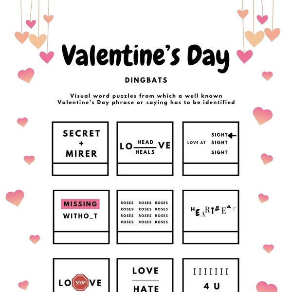 Printable Valentine's Day Dingbat Puzzle Games | Valentine's Game for Kids & Adults | Valentine's Picture Quiz | Brain Teaser | Rebus Puzzle