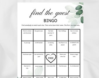 Könnte beinhalten: Eine druckbare Hochzeits-Bingo-Karte mit einem grün-weißen Blumenmuster. Die Karte hat ein Raster mit 25 Feldern mit verschiedenen Aufforderungen für die Gäste, die sie auf der Hochzeit finden können. Die Aufforderungen beinhalten "Hat grüne Augen", "Trägt Weiß", "Ist zum Event geflogen", "Kann einen Zaubertrick", "Ist eine Brautjungfer", "War auf dem Junggesellinnenabschied", "Hat ein Rennen gewonnen", "Ist größer als du", und "Besitzt ein Haustier, das weder eine Katze noch ein Hund ist".