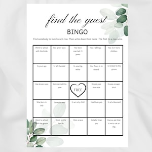 Vind de gastbingo, 20 afdrukbare bingokaarten, spel vrijgezellenfeest, spel bruiloftsfeest, ijsbreker, bingo leren kennen, menselijke bingo