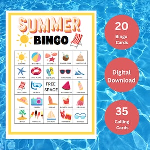 Zomerbingo, 20 zomerbingokaarten, zomerspel, zomeractiviteit, afdrukbare bingo voor kinderen, zomervakantiespel, vakantiespel voor kinderen