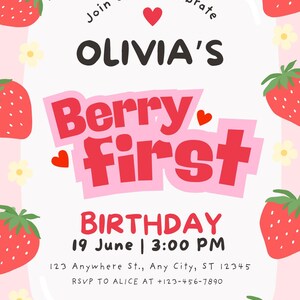 Berry First Birthday Invitation, Editable 1st Birthday Girl Invite, Printable Strawberry Evite, Berry Invite Template, Pink Strawberry Daisy