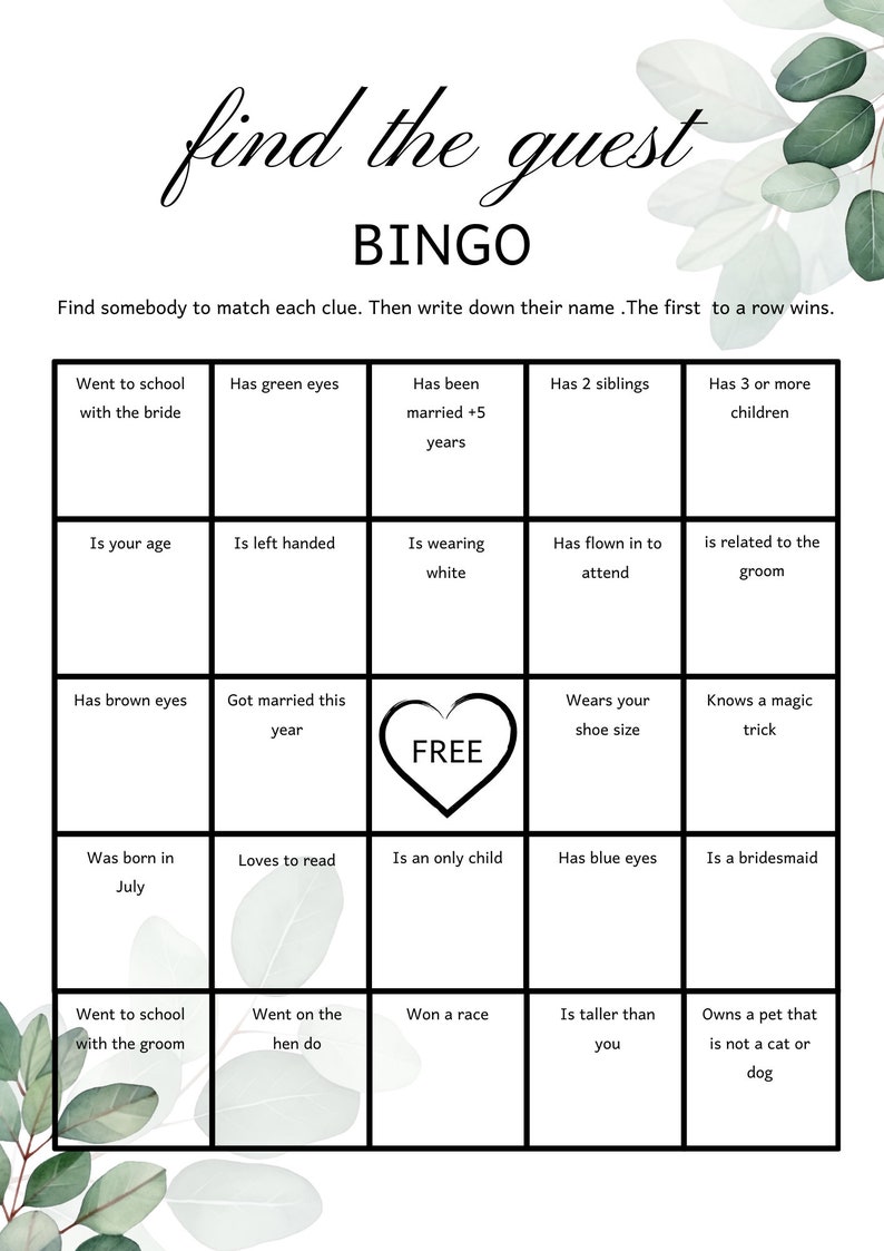 Find the Guest Bingo, 20 Printable Bingo Cards, Bridal Shower Game ...