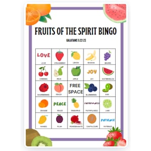 Fruit of the Spirit-bingo, Bijbelbingo, 20 Fruit of the Spirit-bingokaarten, Bijbelactiviteit voor kinderen, Bijbelspel, Fruit of the Spirit-spel