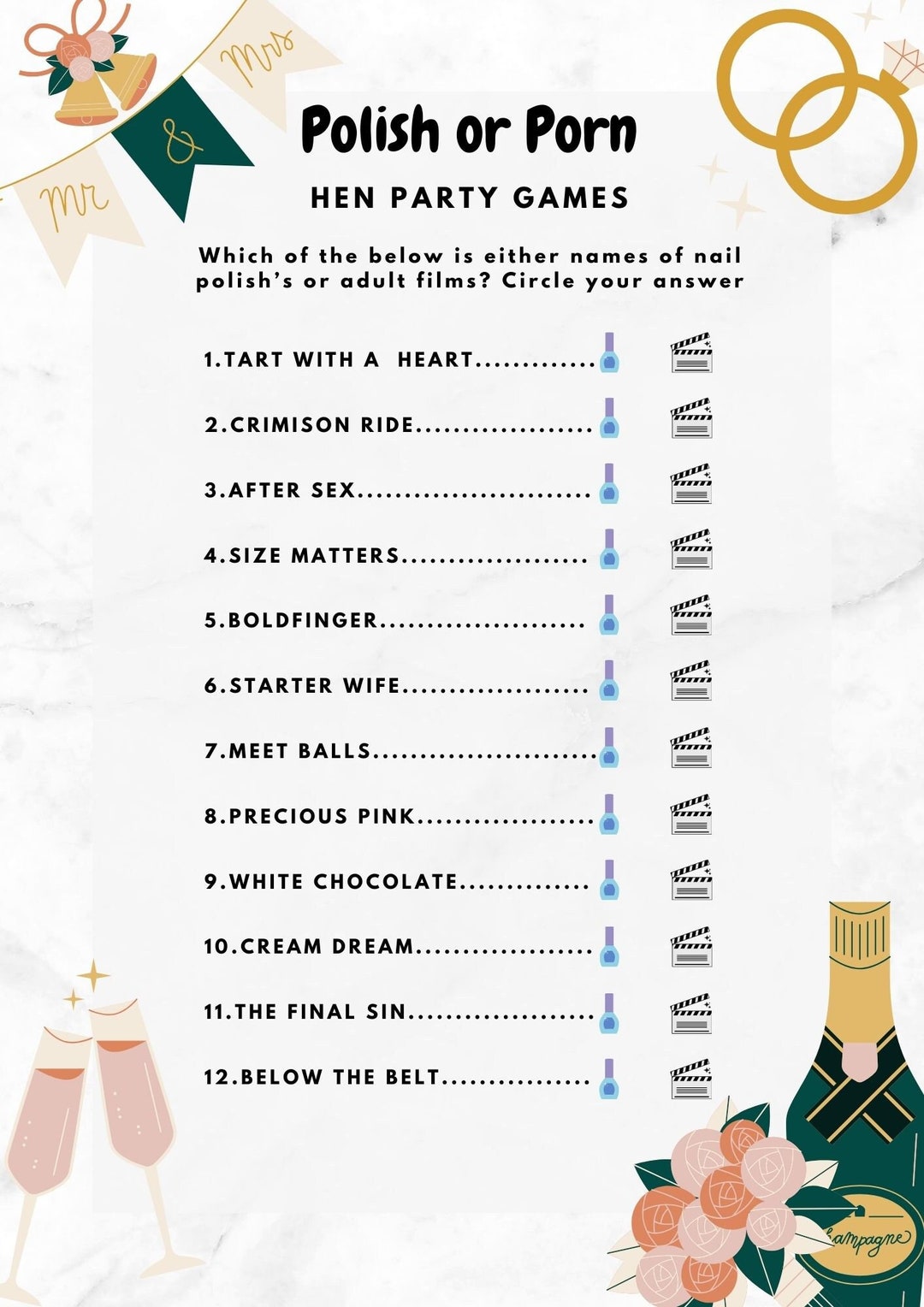 Polish or Porn Hen Party Game Bachelorette Party Game Bridal