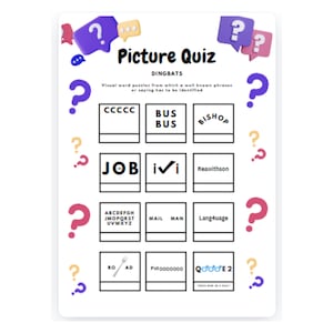 以下が含まれることがあります： 「Picture Quiz」というタイトルと「Dingbats」というサブタイトルが付いた印刷可能な絵クイズ。クイズには、各パズル横に疑問符が付いた9つの視覚的な単語パズルがあります。パズルは、文字、単語、画像で構成されています。クイズの指示は、「よく知られたフレーズやことわざを特定する必要がある視覚的な単語パズル。」です。