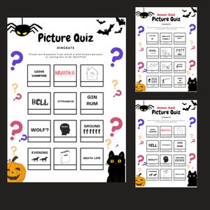 May include: A printable Halloween-themed picture quiz featuring a black cat, pumpkin, and bats. The quiz features visual word puzzles where players must identify well-known phrases or sayings based on the images.