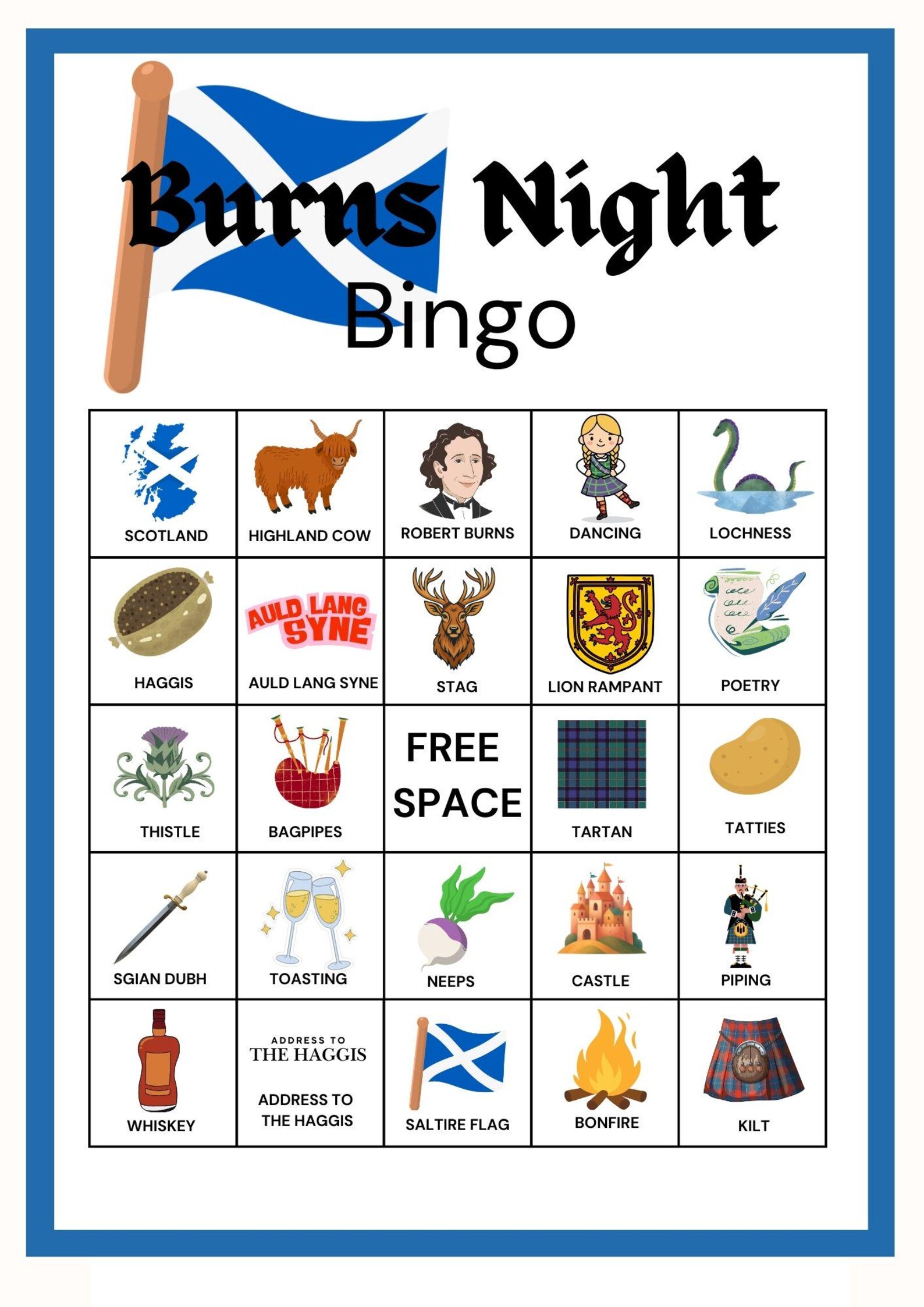Burns Night Bingo, Scottish Game, 20 Printable Cards (digital Download ...