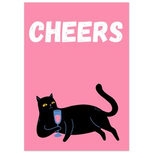 Póster de arte de pared con vino y gato negro / Póster con ilustración de gato / Póster con meme divertido de gato / Ilustración peculiar de gato / Regalo para amantes de los gatos / Póster Cheers Pink