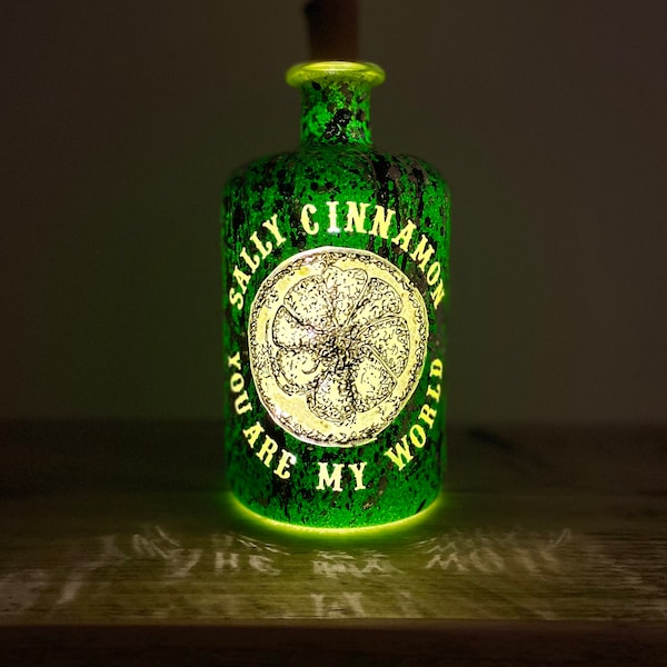 The Stone Roses inspired “Sally Cinnamon” hand painted, light up glass bottle