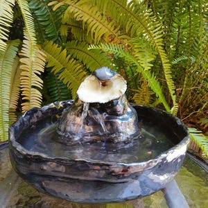 May include: A small, handcrafted water fountain with a black glazed ceramic bowl. The fountain features a central structure with a seashell and a small, dark stone. Water gently flows into the bowl, creating a tranquil ambiance. The background includes lush green ferns.
