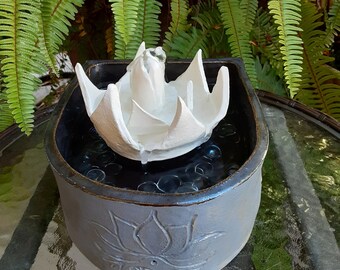 Ceramic Lotus Fountain With Pewter Finish