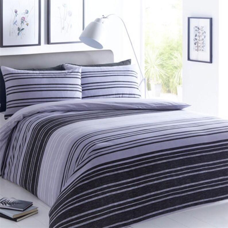 Double /& King Size Quality Textured Stripe Black Grey Duvet Cover Bedding Set in Single