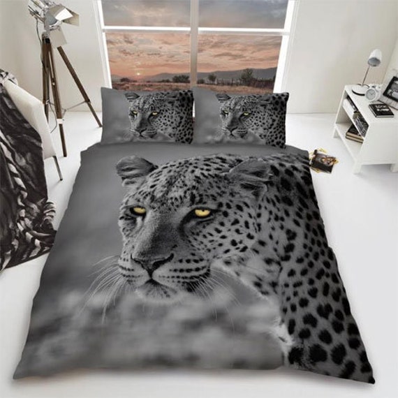Luxury Leopard Big Cat Reversible Duvet Cover Bedding Set In Cat Reversible Duvet Cover Bedding Set, Grey Leopard Print King Size Bedding
