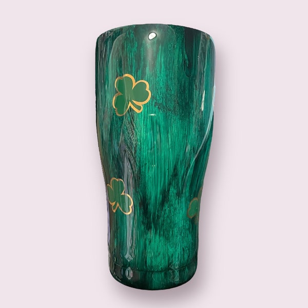 St. Patrick's Day, Personalized Tumbler, 30oz Modern Curve, Green Woodgrain Design with Clovers, Includes reusable Straw and Slide Lid