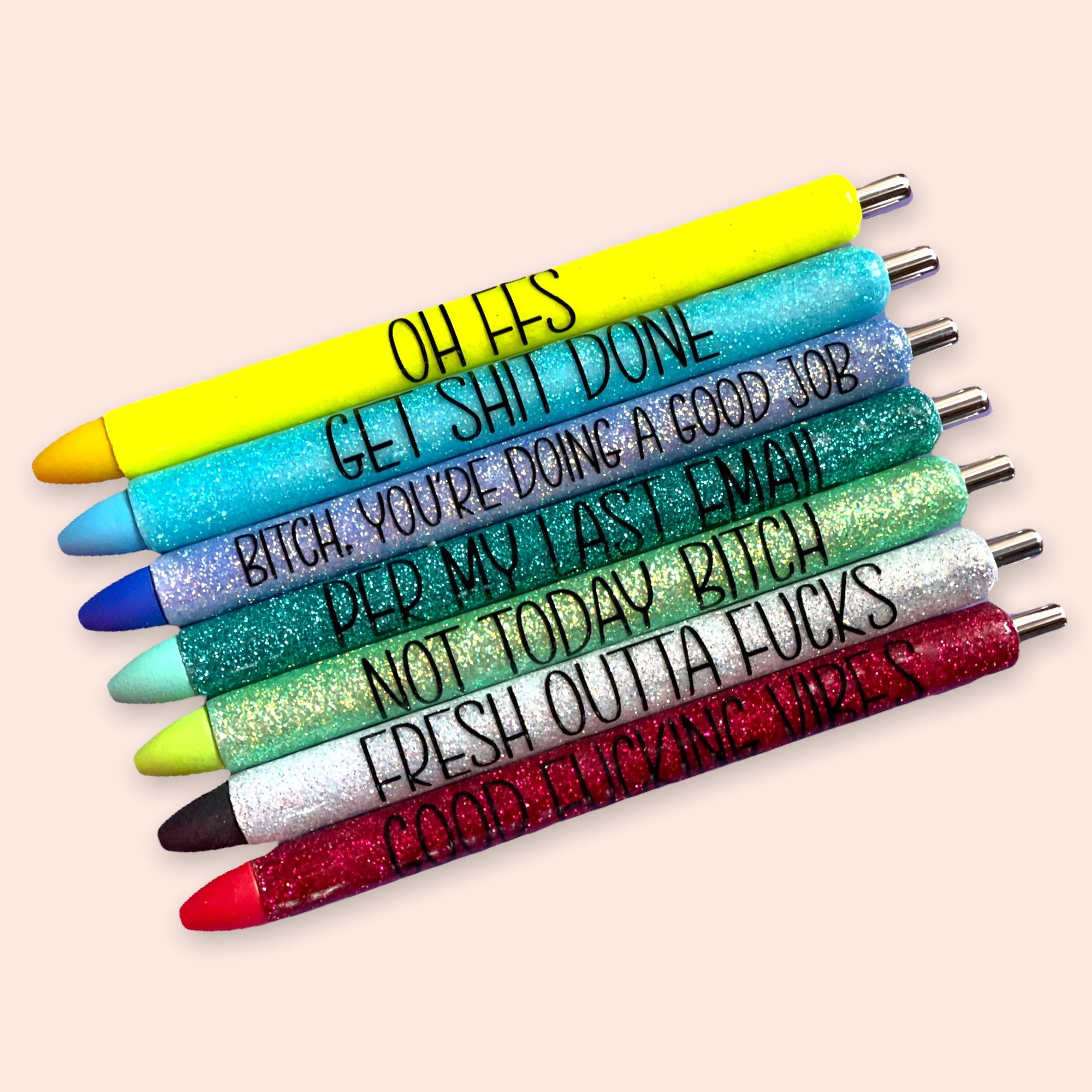 Funny and Sassy Pen Set, Offensive Profanity, Funny Gag Gift, Rude Quotes  for Office, Swearing, Epoxy and Glitter, Retractable Gel Pen 