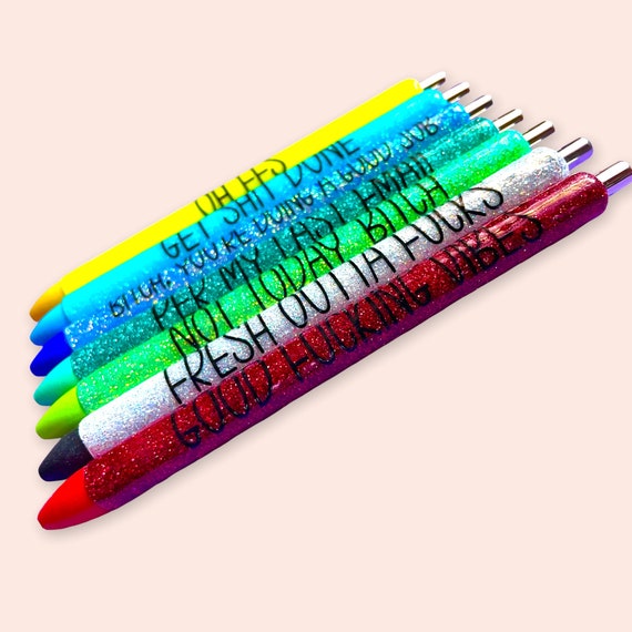 Funny and Sassy Pen Set, Offensive Profanity, Funny Gag Gift, Rude Quotes  for Office, Swearing, Epoxy and Glitter, Retractable Gel Pen 