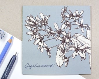 Botanical birthday greeting card in blue | Felicitatie wenskaart met botanische tekening