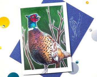 Illustrated Pheasant greeting card | Folded postcard with a bird drawing