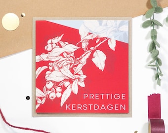 Botanische kerstkaart rood met vuurdoorn | Gevouwen kaart 'Prettige kerstdagen' met envelop