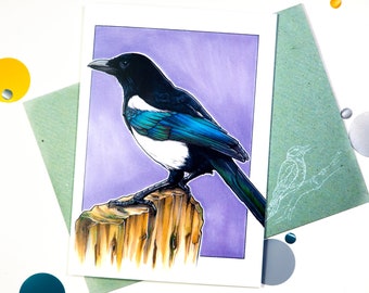 Illustrated Magpie greeting card | Folded postcard with a bird drawing