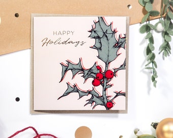 Botanical holly Christmas foil card 'Happy Holidays' | Folded Holiday card with envelope