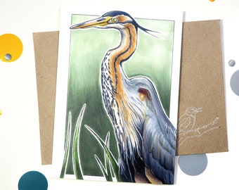Illustrated Purple Heron greeting card | Folded postcard with a bird drawing