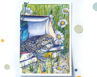 Cute springtime 'Owl and Books' art print (A5 sized)