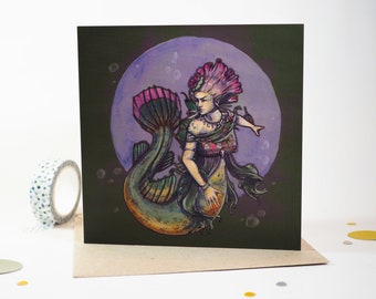 Green and Pink Mermaid greeting card | Folded Fantasy-themed watercolor card