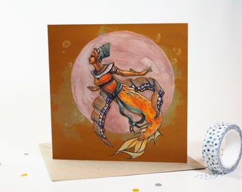 Amber Mermaid greeting card | Folded Fantasy-themed watercolor card