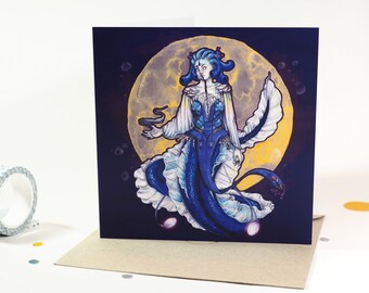 Ultramarine Mermaid greeting card | Folded Fantasy-themed watercolor card