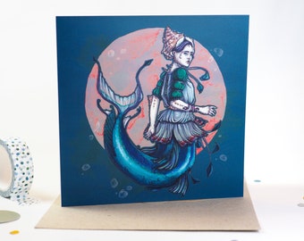 Deep teal Mermaid greeting card | Folded Fantasy-themed watercolor card