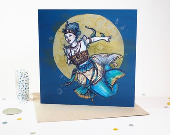 Cerulean Blue Mermaid greeting card | Folded Fantasy-themed watercolor card