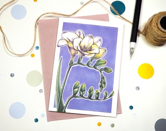 Illustrated Freesia Greeting Card | Spring Flower Folded Postcard