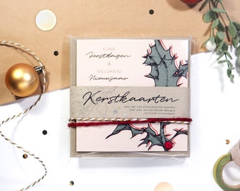 Set van 8 botanische kerstkaarten | vier verschillende designs met enveloppen