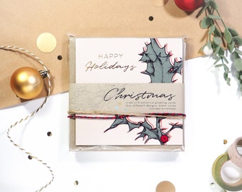 Botanical Christmas card set of 8 | Four different folded designs with matching envelopes