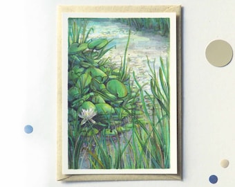 Colorfully Illustrated Waterscape Postcard with Lilies