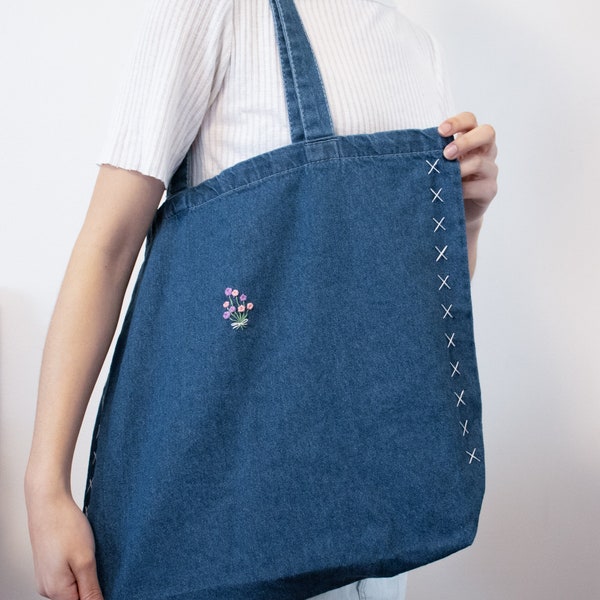 Denim Tote Bag with hand-embroidery | Custom Color Floral Bouquet | Stylish Grocery Shopping Bag | Soft Reusable Jeans Tote | Gift for Her