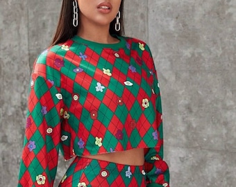 Plaid Floral Print Drop Shoulder Sweatshirt and Plaid Flower Print Bodycon Skirt set