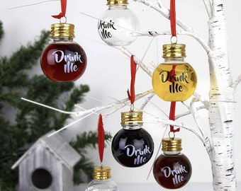 Hanging Festive Boozeballs. Personalised fillable balls, Secret Santa, what will yours read?, Drink Me, Gin, Sweets, Wine, Rum, Zobo..