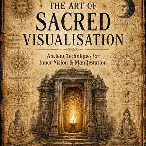Op de afbeelding: Een vintage-stijl boekcover met de titel "THE ART OF SACRED VISUALISATION". De cover bevat illustraties van een zon, maan en een oude tempel. De tekst "Ancient Techniques for Inner Vision & Manifestation" is ook opgenomen. De woorden "Instant Digital Download" staan onderaan.