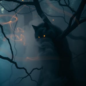 May include: A digital illustration of a wolf with glowing orange eyes, partially obscured by fog and tree branches. The artwork has a dark, moody atmosphere with hints of orange light trails.
