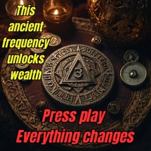 May include: A close-up of a gold-colored, circular, ornate, metal object with a triangle in the center. The triangle has the number "3" inscribed inside. The object is surrounded by other gold-colored objects and a compass. The text "Press play Everything changes" is written in red letters below the object.