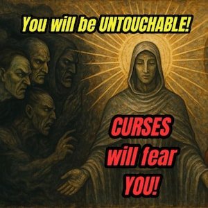 May include: A painting of a robed figure with a halo, surrounded by shadowy figures. The text "You will be UNTOUCHABLE!" appears at the top of the image, and "CURSES will fear YOU!" appears at the bottom.