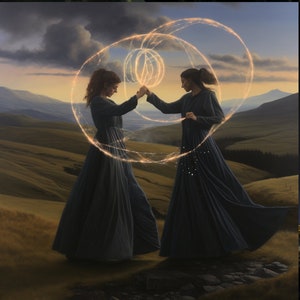 May include: Two women in long, dark blue dresses stand in a field, facing each other. They are holding hands and a glowing, swirling light surrounds them. The background is a landscape of rolling hills and a cloudy sky.