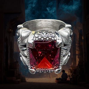 Può includere: Un anello color argento con una grande pietra preziosa rettangolare sfaccettata di colore rosso intenso, incastonata in una montatura metallica. La fascia presenta dettagli scolpiti e strutturati che ricordano artigli stilizzati o intagli ornamentali.