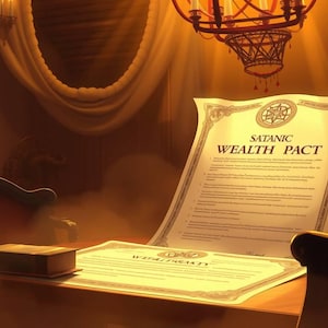 以下が含まれることがあります： 薄暗い部屋のイラストで、木製の机があります。机の上には「SATANIC WEALTH PACT」というタイトルの書類があります。小さな本と別の書類も机の上にあります。ろうそくの火とシャンデリアが見えます。