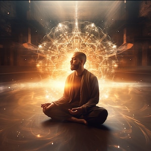 Op de afbeelding: Een man mediteert in lotushouding met zijn ogen gesloten. Hij draagt een bruine robe en is omgeven door een gloeiend, gouden licht. De achtergrond is een donker, abstract ontwerp.