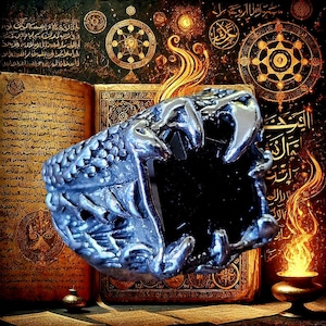 May include: A silver ring with a black stone set in a detailed design resembling a dragon's head. The ring is set against a background of an open book with Arabic script and a golden flame.